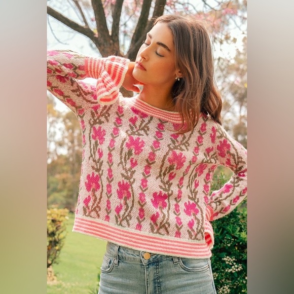 Fuchsia pink floral intarsia Puff striped Sleeve boho bohemian ribbed sweater - Picture 6 of 12